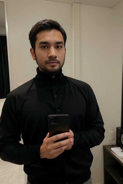 a handsome 30 year old man with an Indonesian face with a thin beard and a slightly fat body, wearing a black jacket and black turtleneck shirt is taking a photo of himself with a Samsung note 20 ultra facing the mirror in a hotel room. The picture is very realistic and super detailed