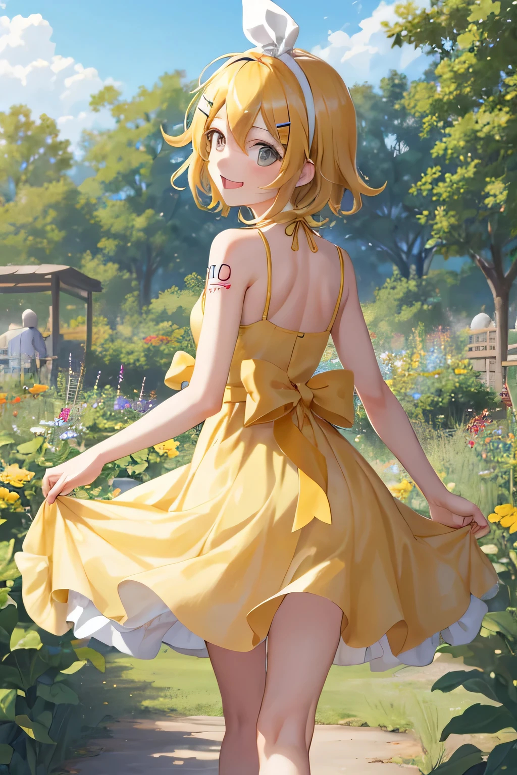 masterpiece, Best Quality, Disorganized, Perfect Anatomy, One girl, landamente, kagamine rin, short hair, hair band, Tattoo number 02 on the arm, From the back, summer, vestido de land amarillo, in the garden, Tag, land, They're laughing, Recall　From the front with a smile