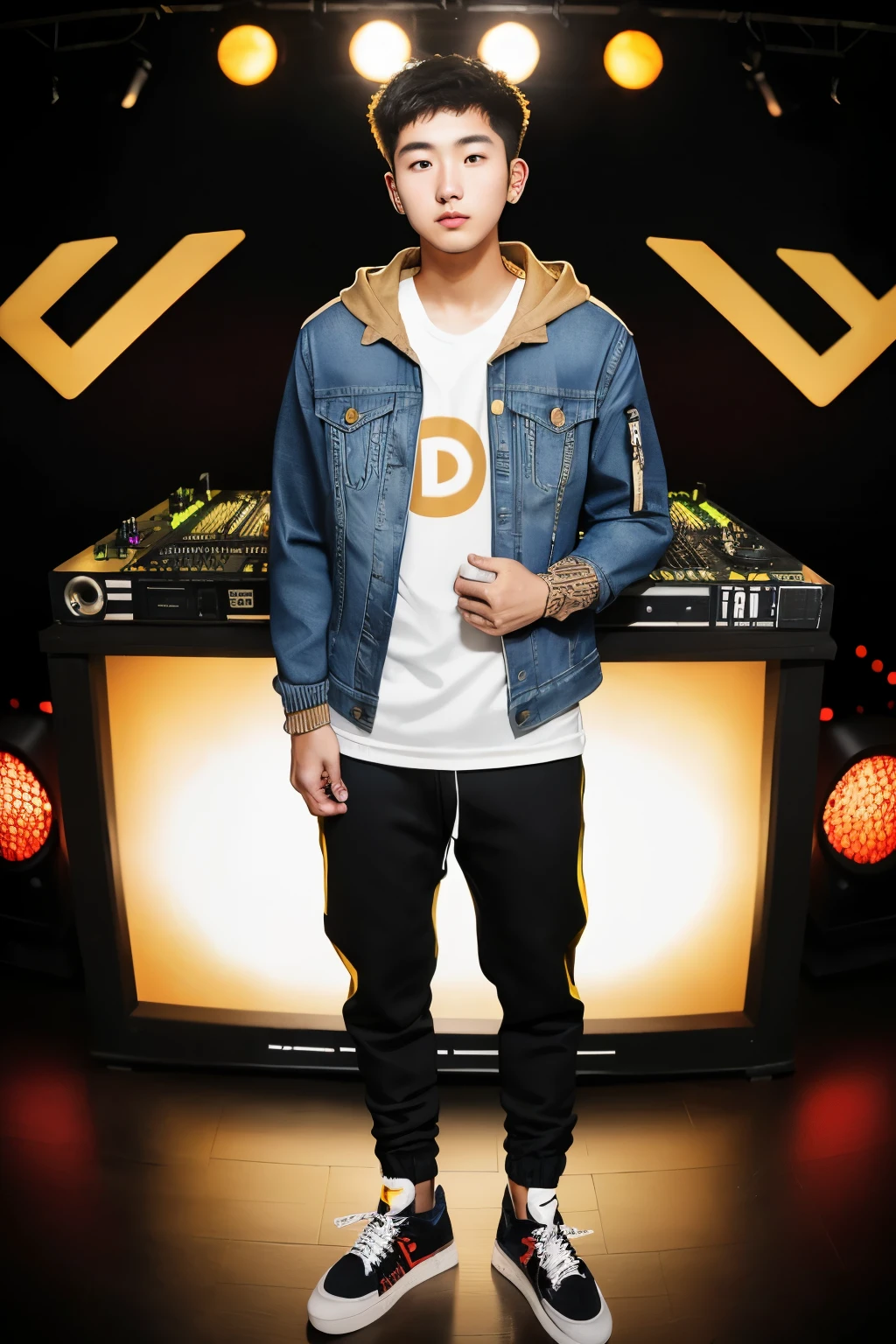 Arafed Korean young man in a (denim jacket and tan hoodie) xxl, and black jogger pants standing in front of a DJ Set, full body, sneakers, nightclub