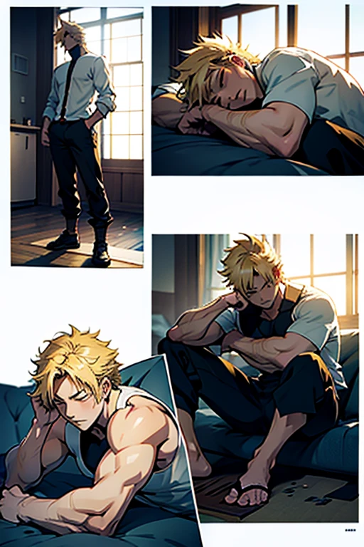 Anime guy with blonde hair sleeping after a fight, full body shots, manga page with panels and dialogue