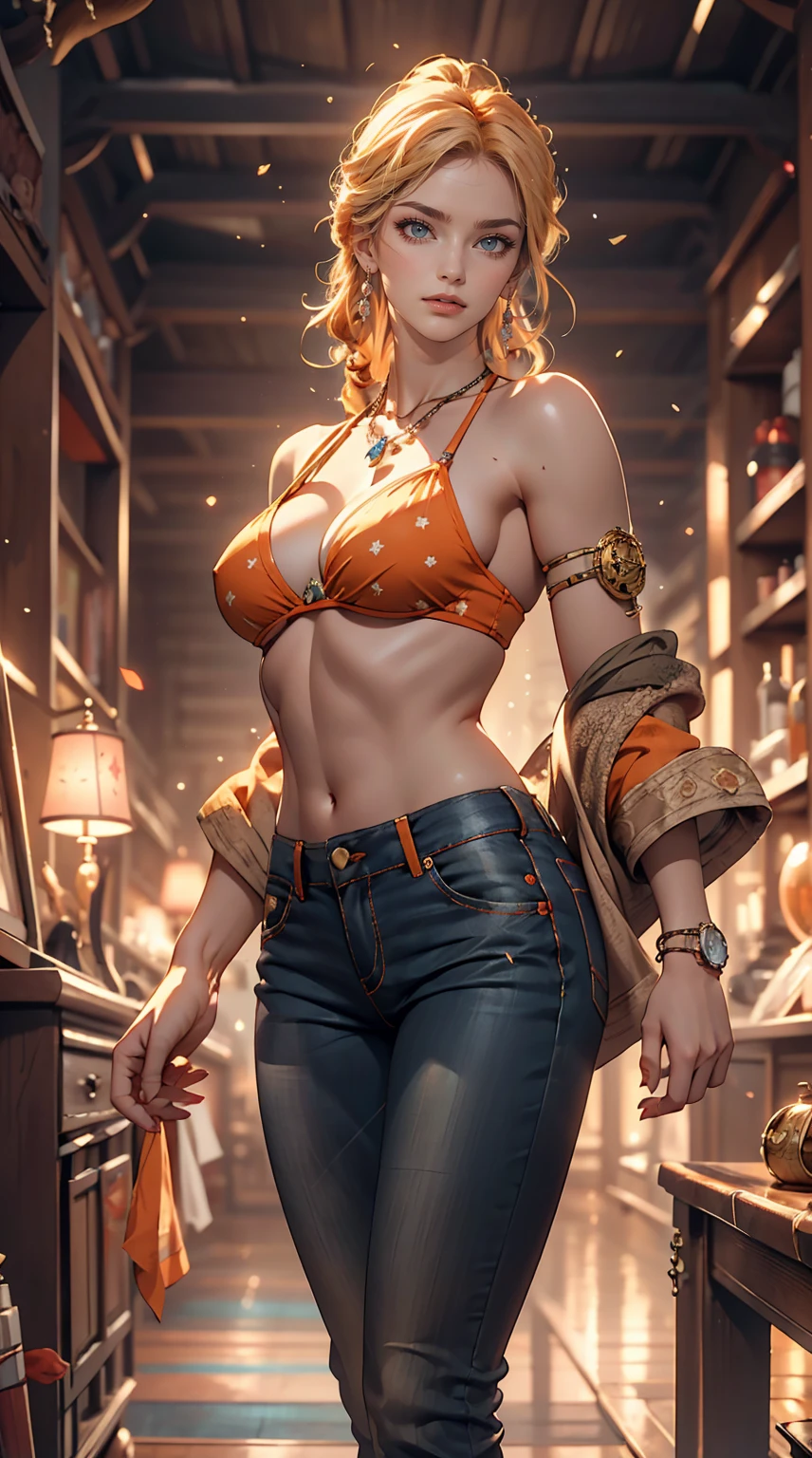 Very beautiful Nami (one piece), Subtle makeup, Moneyen hour, Realistic, High Contrast, 8K HD, detailed, hyper-detailed, Realistic skin texture, orange long hair, Bikini top only, Blue pants, Large Breasts, highest quality, Ultra-high resolution, RAW Photos, Dramatic lighting, Unreal Engine, Diffuse Light, Outdoor, realistic detailed onep piece pirate ship, Treasure Chest, Money, Money coins, Money bars.