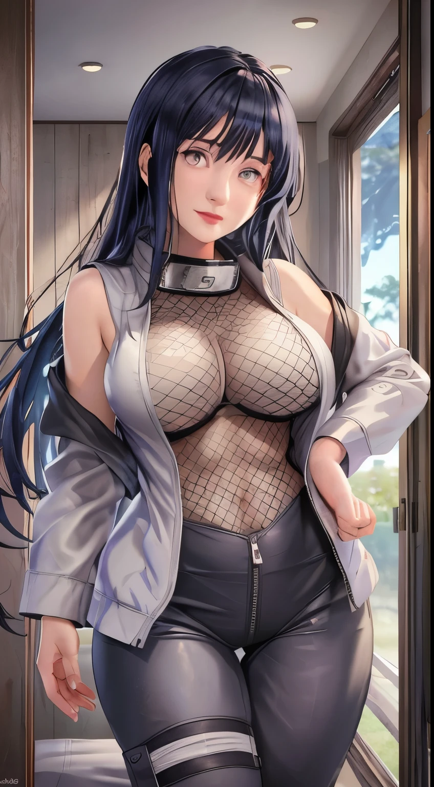 Masterpiece, highres, high Quality, detailed face, detailed body render, 1girl, solo, hyuuga hinata, hinata-sleeveless-outfit, large breasts, big breast, sleeveless shirt, fishnet top, dark lips, unzipped jacket, no bra, breasts out, nipple, standing, blushes, (on bedroom)