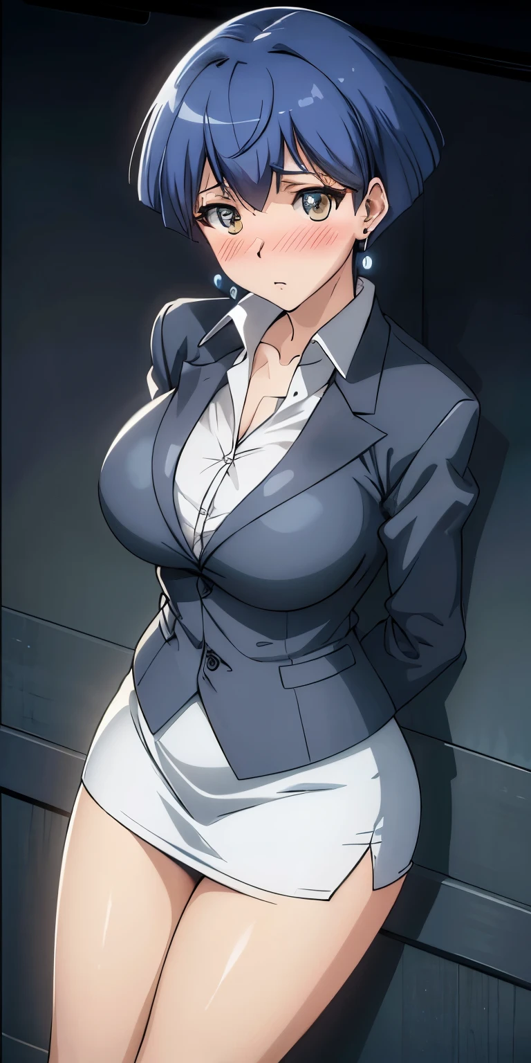 masterpiece, best quality, ultra-detailed, illustration,masterpiece, Best quality, high resolution, high resolution, masterpiece, best quality, highres, MS, 1girl, blue hair,HDR, UHD ,secretary suit, earrings, white miniskirt, pantyhose, cleavage,beautiful detailed eyes, looking at viewer in a seductive look, close up, (arms behind back:1.2), (from above:1.1),((big sized breasts)), attempt to seduce, standing,(blush),(wide tighs:1.3)