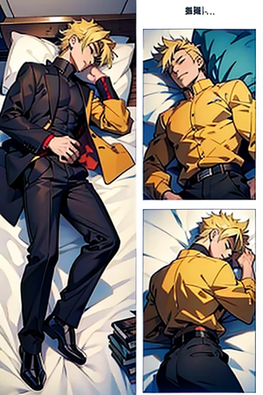 Anime guy with blonde hair sleeping, full body shots, manga page with panels and dialogue