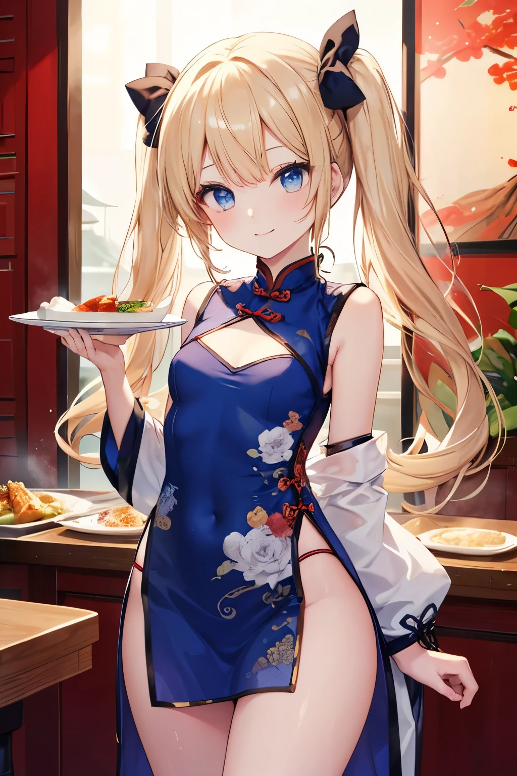 blonde、blue eyes、girl、Small breasts、Twin tails、、Small breasts、Hata、Bright smile、Appearance 、Petan Musume、short、目のhighlight、Sexy thighs、Wearing china clothes、Chinese Restaurant、Your eyes are so beautiful、highlight