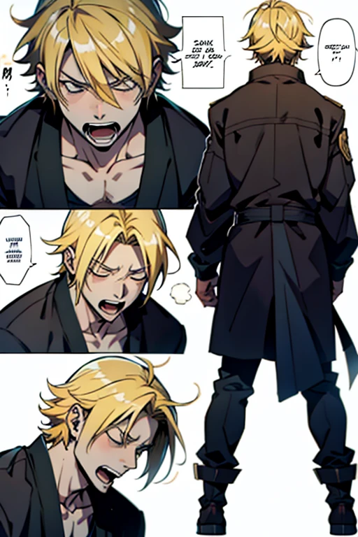 Anime guy with blonde hair crying and screaming, full body shots, manga page with panels and dialogue
