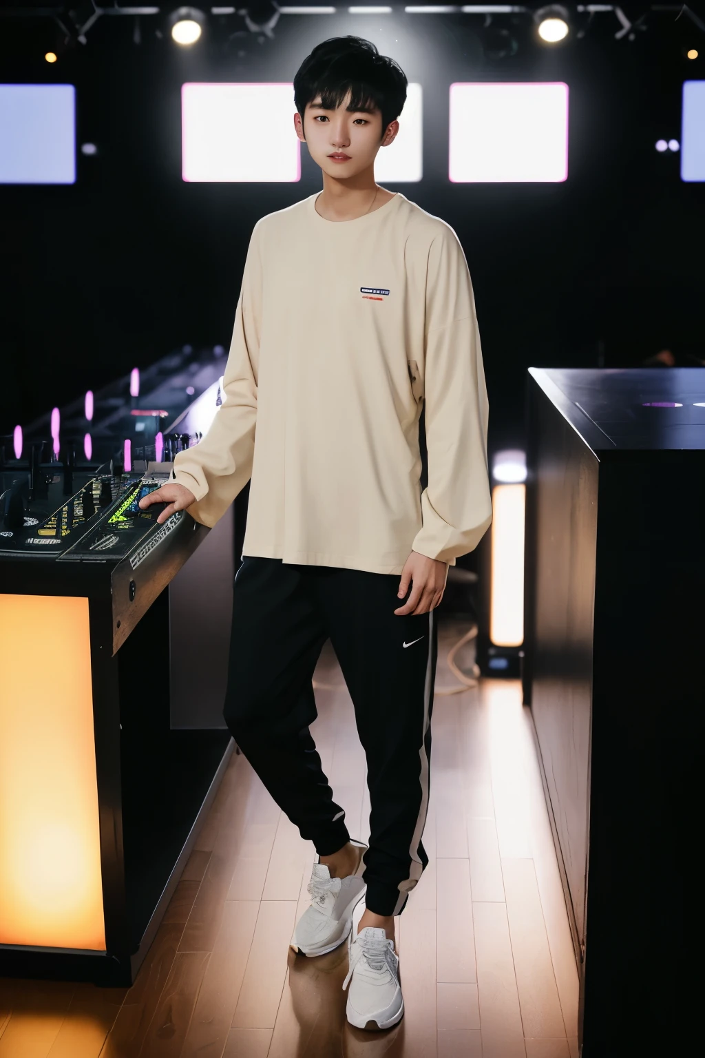 Arafed Korean young man in a ( Oversize bluelight casual Long-sleeved shirt) and tan White T-shirt xxl, and (black jogger pants) standing in front of a DJ Set, full body, sneakers, nightclub 