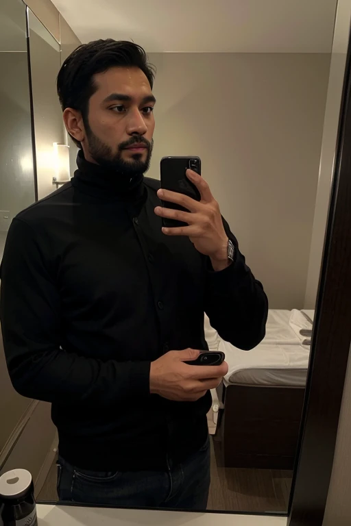 a handsome 30 year old man with an Indonesian face with a thin beard and a slightly fat body, wearing a black jacket and black turtleneck shirt is taking a photo of himself with a Samsung note 20 ultra facing the mirror in a hotel room. The picture is very realistic and super detailed
