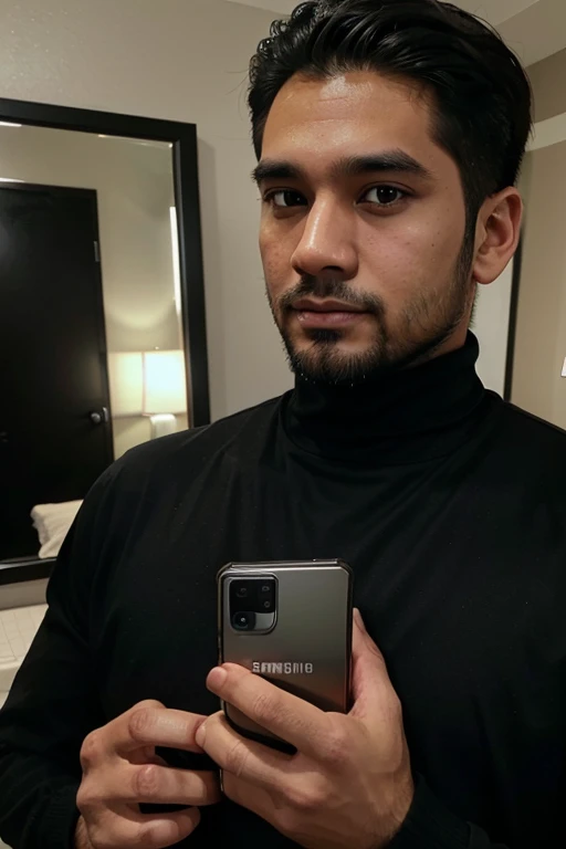 a handsome 30 year old man with an Indonesian face with a thin beard and a slightly fat body, wearing a black jacket and black turtleneck shirt is taking a photo of himself with a Samsung note 20 ultra facing the mirror in a hotel room. The picture is very realistic and super detailed