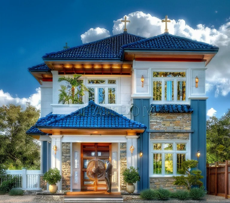 ((( exterior church :1.3 ))), contemporary style, white wall, STONE wall, GREY STEEL AND GLASS door window, (realistic:1.1), Masterpiece, high quality, best quality, authentic, super detail, outdoors,road,pavement, grass, trees, sky, cloud, (daylight:1.3), BLUE ROOF