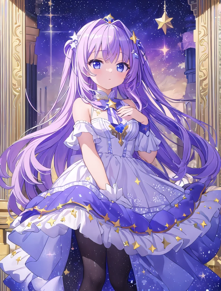 (masterpiece, best quality: 1.2), high resolution, high quality, dress made of star particles, cute long hair, cute hair ornament, hand close to view, energy sphere in hand,
