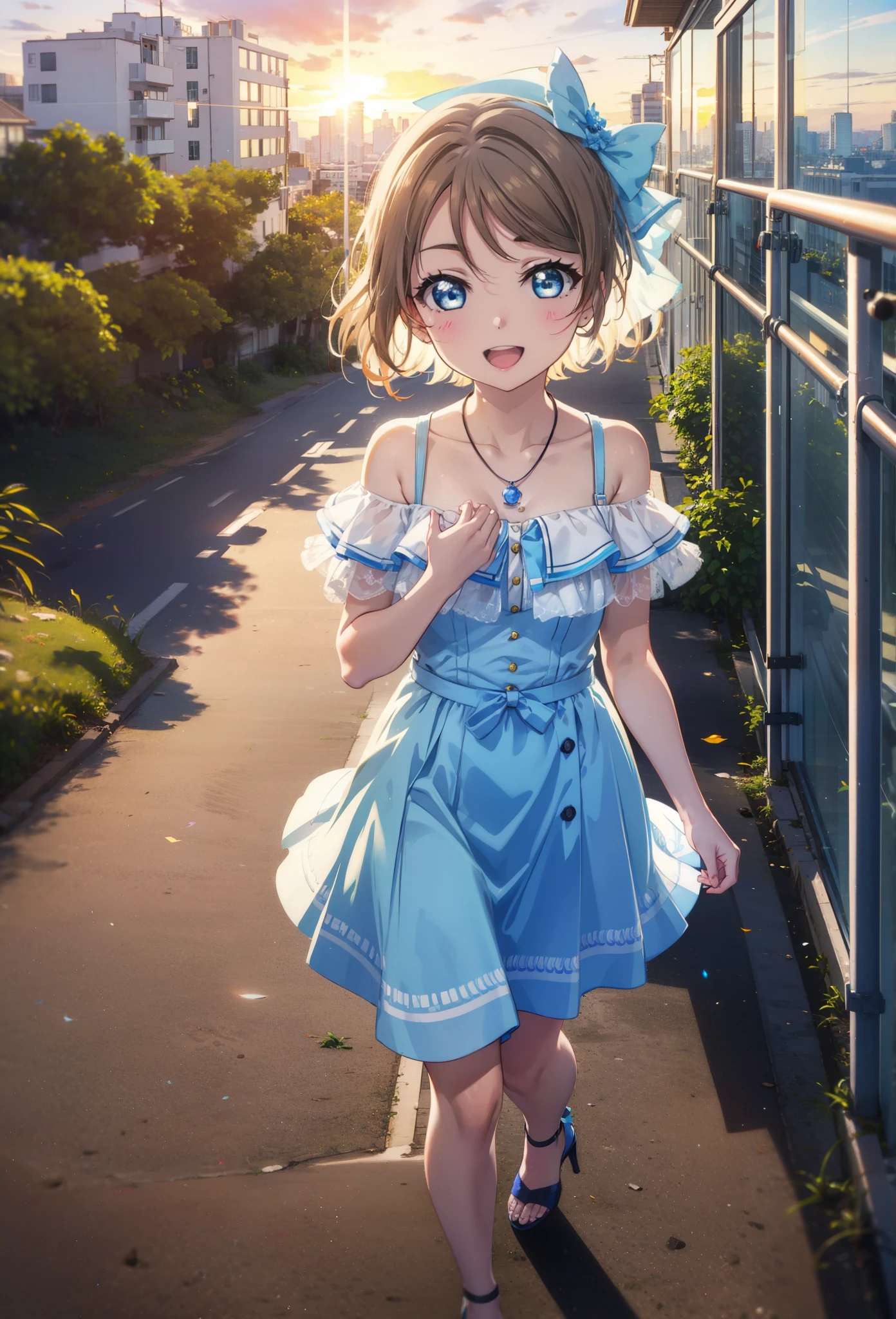 Yo Watanabe, Yu Watanabe, short hair, blue eyes, Brown Hair, smile, happy smile, smile, Open your mouth,Orange hair band,Rocket Pendant,Off-the-shoulder blue dress,Bare neck,Bare shoulders,bare clavicle,Blue long skirt,Cute stiletto heels,evening,Sunset,walking,The sun is setting,whole bodyがイラストに入るように,Looking down from above,
break outdoors, Coastal Road,Building district,
break looking at viewer, whole body,
break (masterpiece:1.2), highest quality, High resolution, unity 8k wallpaper, (figure:0.8), (Beautiful fine details:1.6), Highly detailed face, Perfect lighting, Highly detailed CG, (Perfect hands, Perfect Anatomy),