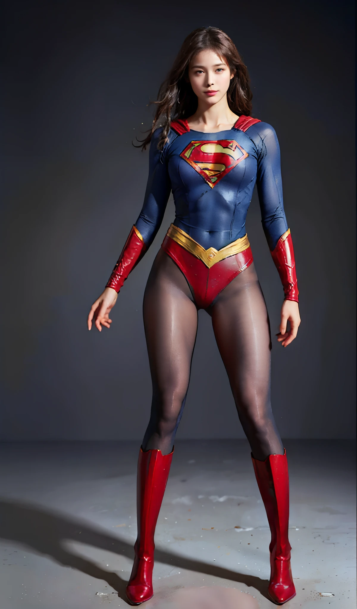 No background、(((Beautiful legs in black tights.)))、(((Legally express the beauty of your smile)))、((((Make the most of your original images)))、(((Supergirl Costume)))、(((Beautiful Hair)))、(((suffering)))、(((Please wear black tights....、Wear red boots)))、((Best image quality、8k))、((highest quality、8k、masterpiece:1.3))、(((Preserve background )))、Sharp focus:1.2、Beautiful woman with perfect figure:1.4、Slim Abs:1.2、Wet body:1.5、Highly detailed face and skin texture、8k