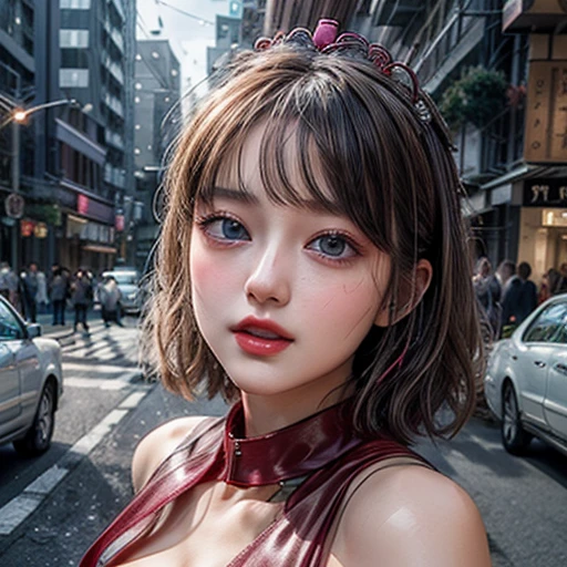 masterpiece of professional Analog photo, realistic and photorealistic with touch of rawness, (a close-up portrait of a woman wearing thongs on a city street), Dusk violet Sky, intricate lighting effects with light particles, (many colorful lights dazzling bokeh), Traffic lights, a crowd of fashionable street girls in the background, { Childish | Gigantic Cleavage }, (((NOGIZAKA))) Extremely Detailed very KAWAII face variation, perfect anatomy, captivating gaze, elaborate detailed Eyes with (sparkling highlights:1.2), long eyelashes、Glossy RED Lips with beautiful details, Coquettish tongue, Rosy cheeks . (Dynamic joyful expressions), { Ecstasy | :D | screaming | Perplexed }, Mystic sight . hair and eye color is same color, { Red leather high collar | Red ribbon }, from diagonally angle. short bob, Tiny Crown .