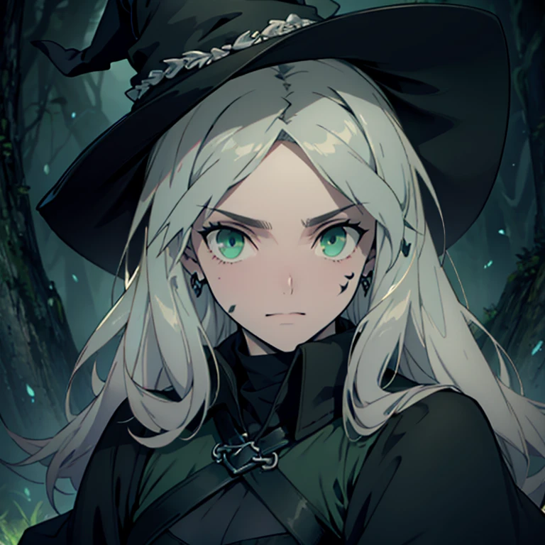 High quality, old beautiful witch, long, straigth, green-gray hair, dark green eyes
