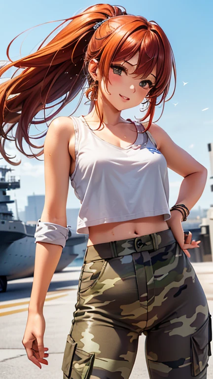 A girl is posing for a photo, cute女の子, Enchanting girl, Anime Girls, 
(((One Girl, cute, 16 years olle), 
(noon、(Aircraft carrier in sunlight、Fighter)), ((Dynamic pose、front、Cowboy Shot))
break 

(Red hair、Hair blowing in the wind、ponytail), (black eye, Slanted Eyes), break Women in the Military、(((Belligerent,uniform:1.4,Camouflage、Camouflage pants)))、Earrings、sunglasses、 
break 

(Symmetrical facial features, Perfect Face), (Beautiful breasts, (Ｃcup)), 
Beautiful body, Beautiful clavicle, Beautiful thighs, Beautiful legs, Perfect round ass, (Beautiful fingers), (((Detailed skin, Oily skin, Textured skin, Beautiful Skin))), 

double eyelid, Long eyelashes, 
(Expression of fine eyes, Beautiful and delicate eyes, Sparkling eyes, Eye Reflexes), 
(Beautiful Nose,Thin Nose), 
(Glossy lips, Beautiful Lips, Thick lips), 
(Beautiful Hair, Shiny Hair, Shiny Hair)), 
break 

(((highest quality)), ((masterpiece)), (Very detailed), (High resolution), (Beautiful sparkle), (High detail), (Anatomically correct)), ((Realistic)), 
(The best CG), Highly detailed art, CG illustration, (16k, 1080p), Oil paints, Line art, (lineart), 
