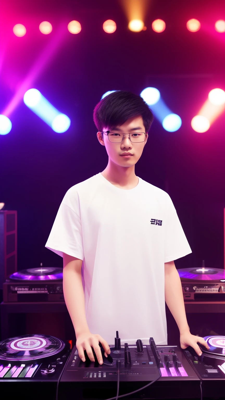 21 year old Chinese boy, he is wearing a oversize white t shirt XXL, he is wearing black Jogger trousers, he is wearing black sneakers, he is wearing glasses, he is Master of Ceremony in front of a DJ set , NIGHTCLUB, full body,  he is buzz cut Hair, foot