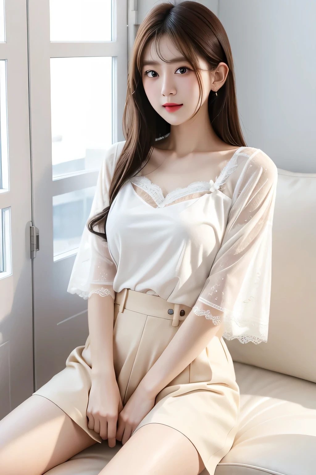 WhiteLace,Close-up of a woman wearing a WhiteLace shirt sitting on a bed, white Lace clothing, Loose top, white Lace, White, White shirt, WhiteLace Skirt,chiffon, White fashion clothes, Stylish White Clothing, wearing a White shirt, Lace, Wearing a shirt, Soft!!, dressed in white intricate Lace, cute top, Cream shirt
