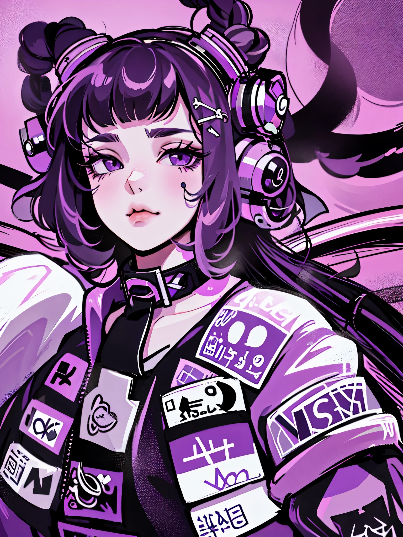 (masterpiece:1.2, best quality), A cool little girl,Wearing a purple astronaut jacket,Black collar;Half-length portrait of a little girl;Personalized makeup and hairstyle,Short hair,Sci-fi gear;Pout;Black and white lines;Purple tint,Background atmosphere rendering,Polka dot style,Psychedelic Background,Electronic wind,Cyber Style。Cute little girl。Graffiti style,Pop Style。Hip-hop style;