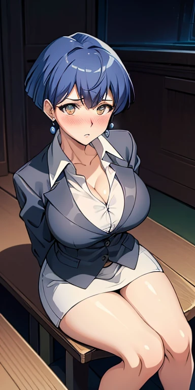 masterpiece, best quality, ultra-detailed, illustration,masterpiece, Best quality, high resolution, high resolution, masterpiece, best quality, highres, MS, 1girl, blue hair,HDR, UHD ,secretary suit, earrings, white miniskirt, pantyhose, cleavage,beautiful detailed eyes, looking at viewer in a seductive look, close up, (arms behind back:1.2), (from above:1.1),((big sized breasts)), attempt to seduce, sitting,(blush),(wide thighs:1.3), classroom,chair 