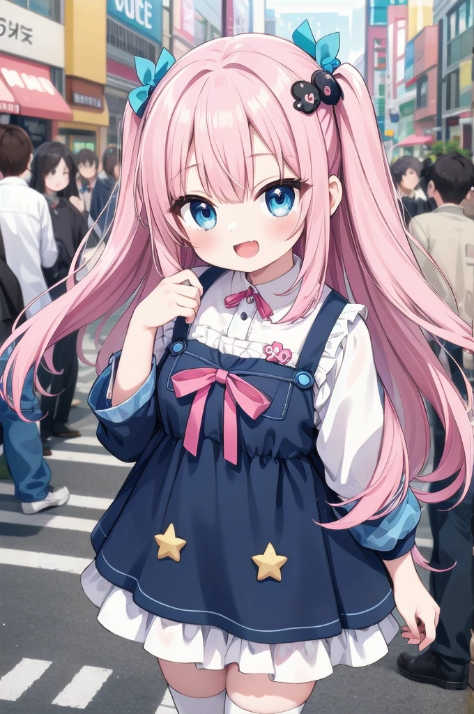 (masterpiece, best quality: 1.2), high resolution, high quality, dress made of star particles, cute long hair, cute hair ornament, hand close to view, energy sphere in hand, , detailed, absurdres, ultra-highres, ultra-detailed, best quality, 1girl, solo, nice hands, perfect hands, BREAK (wearing harajuku-style coordinate), happy smile, laugh, open mouth BREAK hands behind body, from above, cowboy shot, looking at viewer BREAK slender, kawaii, perfect symmetrical face, ultra cute girl, ultra cute face, ultra detailed eyes, ultra detailed hair, ultra cute, ultra beautiful BREAK in harajuku, shibuya, tokyo, street, crowd, cityscape, (cleavage:-0.7) BREAK