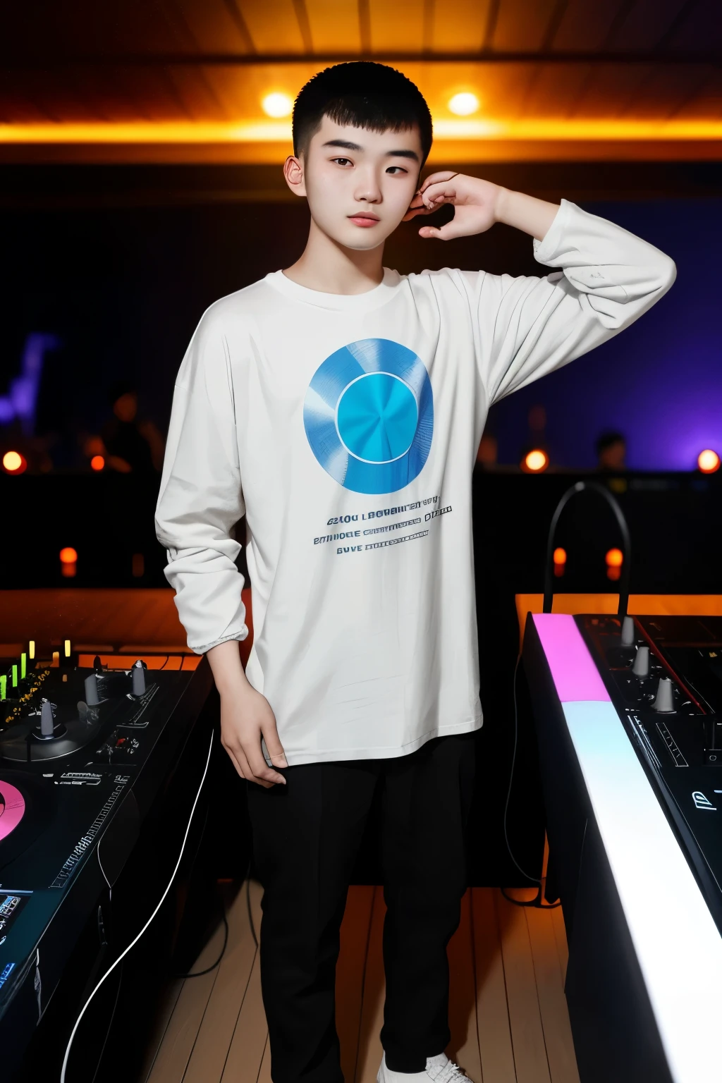Arafed 21 years age old Chinese young man in a (Oversize white casual Long-sleeved T-shirt xxl) standing in front of a DJ Set, full body, sneakers, pool , black jogger trousers
