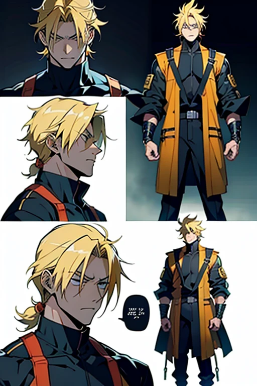 Anime guy with blonde hair in extreme pain, full body shots, manga page with panels and dialogue