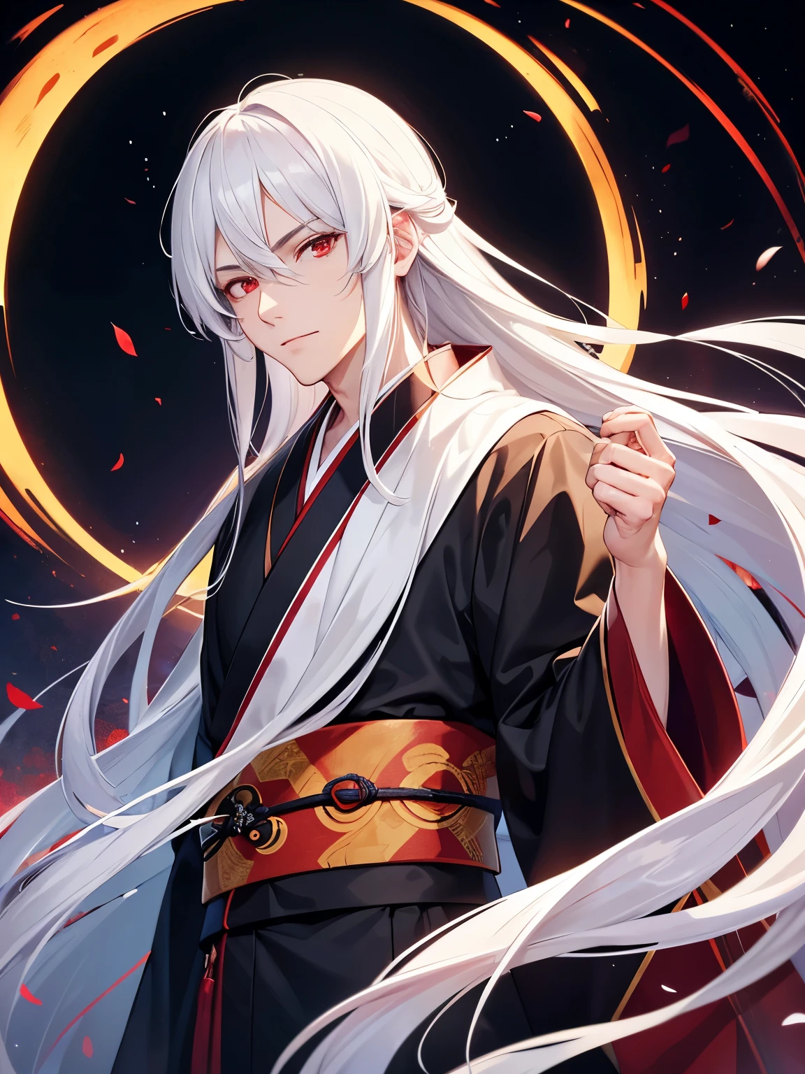 1 man,guy, handsome,Standing,white hair, long hair, red eyes,men's kimono, at night,ultra detail, perfect face, clear face, HD face,Ultra detailed face,half body photo