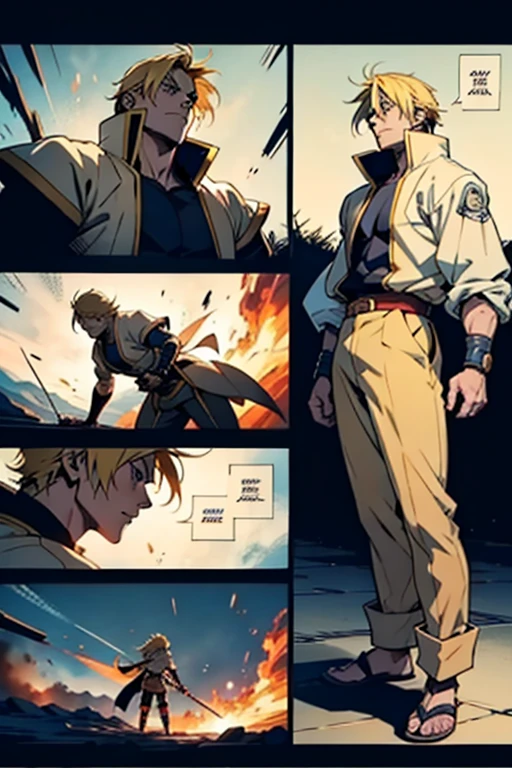 Anime guy with blonde hair, defeated in battle, full body shots, manga page with panels and dialogue 