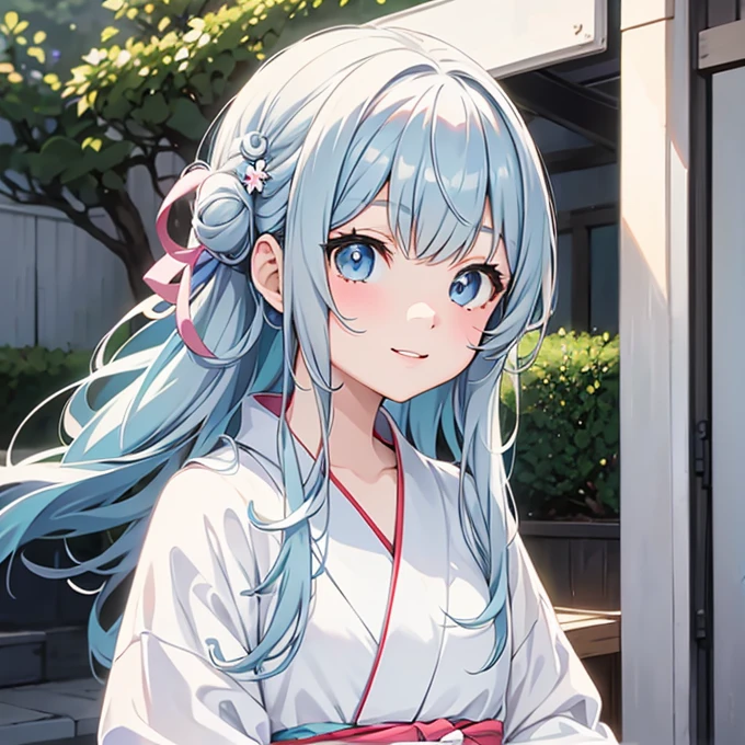1人 anime style girl 18-year-old Long light blue hair White skin Yukata Facing forward Upper Body Gカップの胸