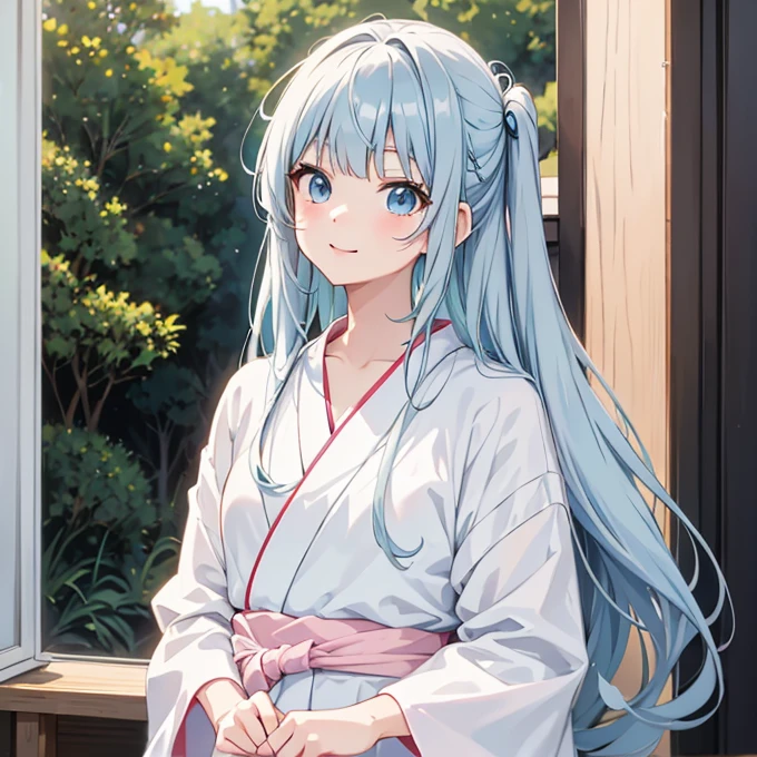 1人 anime style girl 18-year-old Long light blue hair White skin Yukata Facing forward Upper Body Gカップの胸