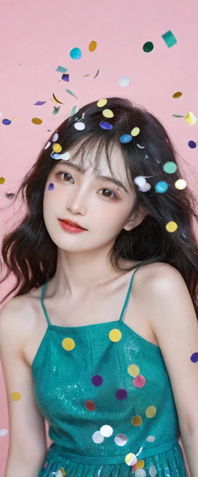(Masterpiece in maximum 16K resolution:1.6), (intricate detail:1.4), (extremely insane detail:1.4),(highest quality:1.3),(Hyper_realistic:1.3). | ((Soft_color_tones):1.3),Clear light, Edge lighting, Perfect image, 16k UE5,editorial photograph, superfine, Product photography, Depth of field, Nikon D850, Ultra-realistic, no contrast, clean sharp focus, professional, No blurring. | colorful confetti clothes,shimmering confetti dresses,reflective confetti garments,sparkling outfit,glittery attire,vibrant confetti fabrics,playful confetti patterns,mesmerizing confetti textures,whimsical fashion,joyful attire,festive outfits,celebratory garments,dynamic confetti threads,bright and lively clothing,pieces of celebration,fashionable confetti ensembles,eye-catching designs,lively and spirited styles,party-ready looks,striking colors,effervescent fashion,unique clothing made of confetti,upbeat and energetic apparel,dazzling wardrobe,fluid and flowing designs,creative fashion choices,artistic expression through clothing,confetti-inspired runway looks,mesmerizing runway fashion,colorful explosions adorning dresses,vibrant and lively fashion choices,bursts of color and movement,stunning textile art,playful and whimsical textures,joyful and vibrant palettes,energetic celebration reflected in clothing,confetti-filled dreams come to life,dynamic and captivating fashion pieces,confetti fashion revolution,colorful atmosphere in clothing. | (A pretty female ):1.3), {The camera is positioned very close to her, revealing her entire body as she adopts a dynamic_pose, boldly moving around the scene in an exciting way} | She is adopting a ((dynamic_pose as interacts, boldly moving a exciting way):1.3), ((perfect_pose)), ((perfect_pose):1.5), (((full body))), ((perfect_fingers, better_hands, perfect_hands, perfect_legs)), ((perfect_fingers, better_hands, perfect_hands, perfect_legs):0.7), (((More_Detail))).