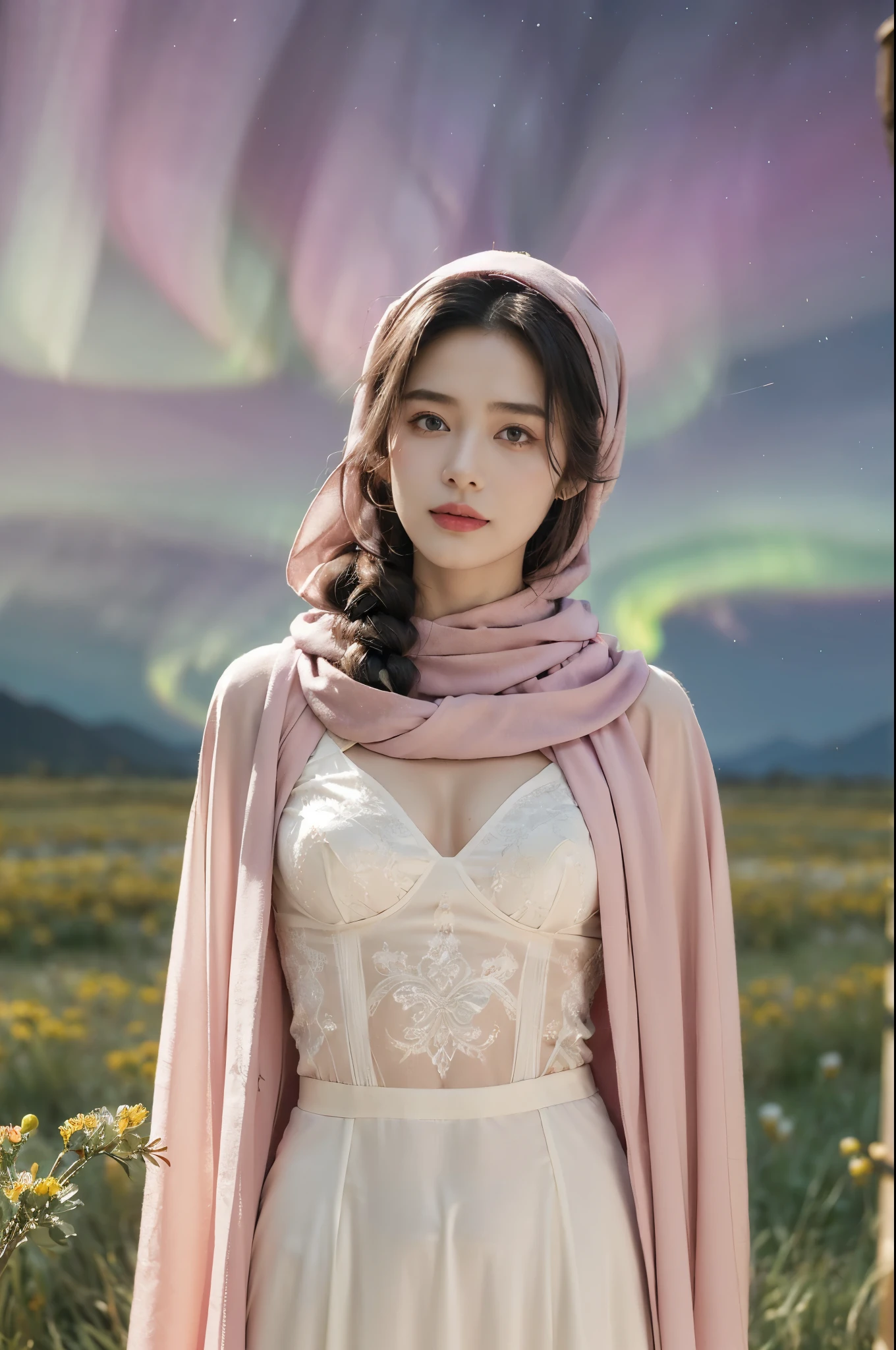 (Extremely meticulous CG),(((8k))),wallpaper,((Extremely refined and beautiful)),(((Masterpiece))),(((best qualtiy))),(((Ultra High Resolution))),beautiful light up,realistic shaded,(Smooth and flawless fair skin:1.5),(Extremely exquisite facial details:1.2),(ultra-detailed:1.5),((A beautiful Uyghur girl,solo)),(pink headscarf:1.3),(short dreadlocks:1.2),(small head:1.2),(slender face:1.2),(Exquisite makeup:1.3),(happy:1.2),(laughing:1.2),(yashmak on face:1.3),(perfect body:1.1),(maxi pink abaya:1.3),(small breasts:1.2),(flat chest:1.2),(cleavage:1.3),(pants:1.3),((slim,thin)),(from front:1.3),(standing:1.3),(arms behind back:1.2),(On the verdant grassland full of colorful flowers:1.5),(many colors:1.5),(cattles and sheeps:1.2),(boreal forest:1.2),(distant snowy mountains:1.2),(Azure sky and white clouds:1.2),(detailed background:1.3),(outdoor:1.3),(early summer:1.3),(night scene:1.5),(magenta aurora:1.3),(upper body:1.3)