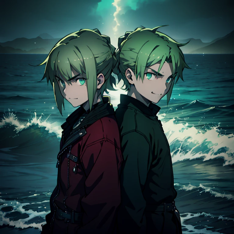 High quality, 11 year old boy twins, dark green hair, eyes green and ocean blue, evil smile, evil look