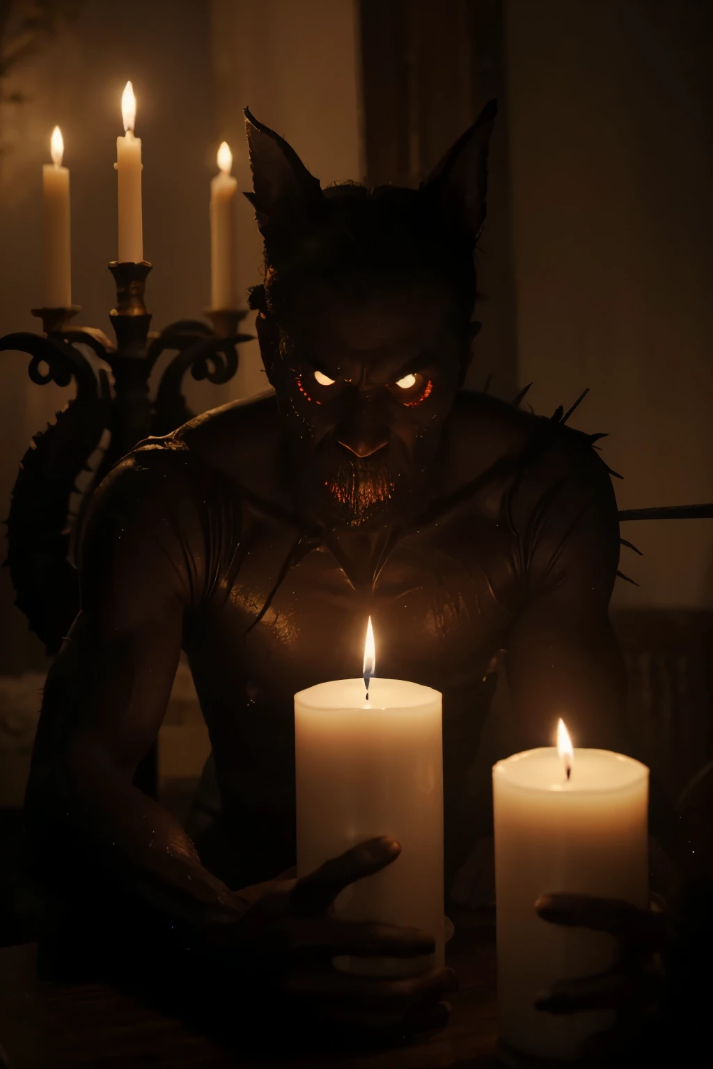 Uma vela acesa em meio a um ambiente muito escuro, the candle lights up very slightly, horrible monsters that are about to attack the candle as soon as it goes out. In the eyes of hateful monsters, como se aquela vela fosse para aqueles monstros um inimigo mortal