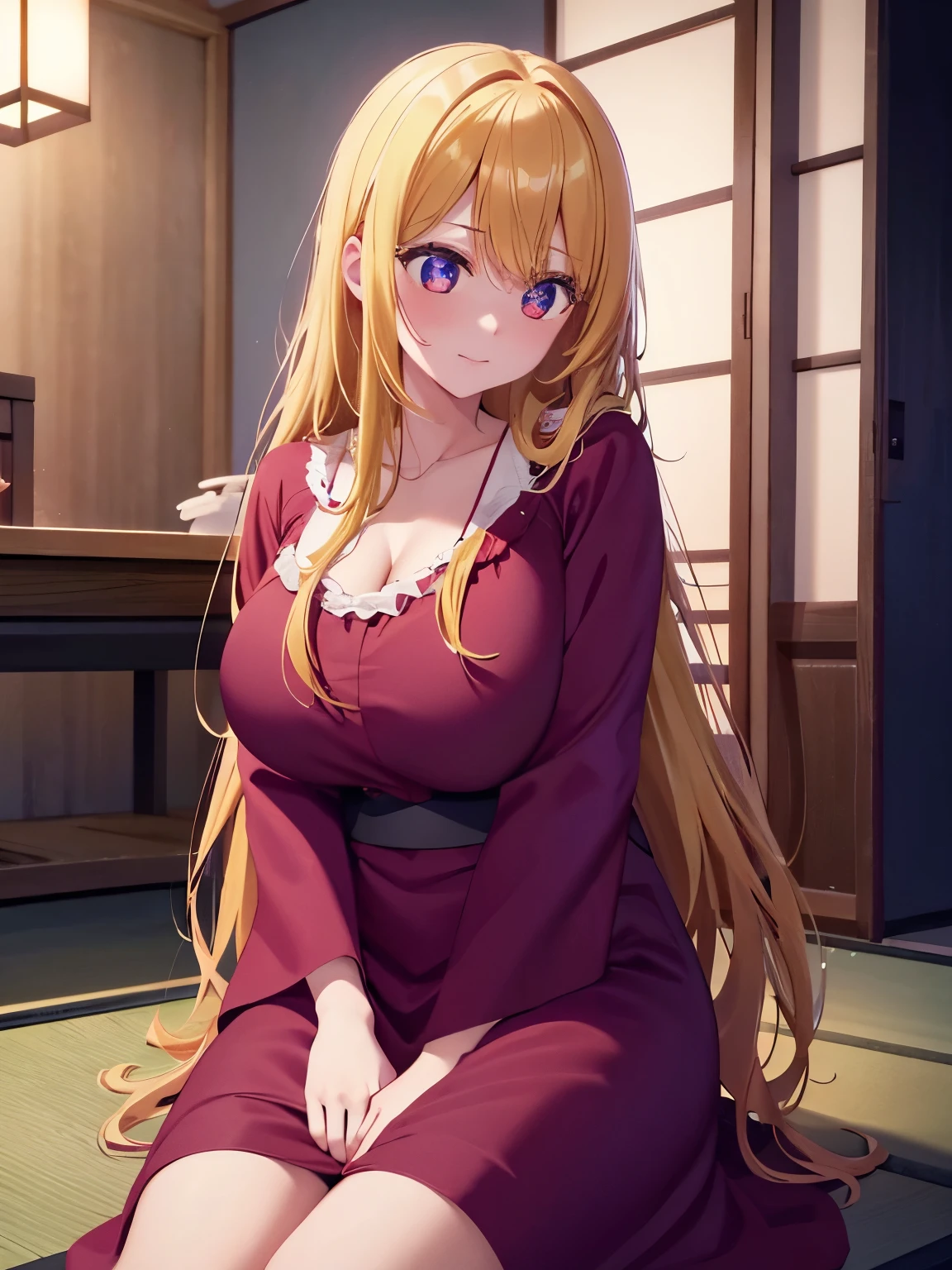 1woman,Sitting, in Japanese house, night, stunning,half body photo, very detailed face,cute,,HD face, perfect face,Red nightgown,Very big breasts,Blonde hair,blonde hair,bangs,long hair,wavy hair,ultra detail,ultra Hd, masterpiece,4k