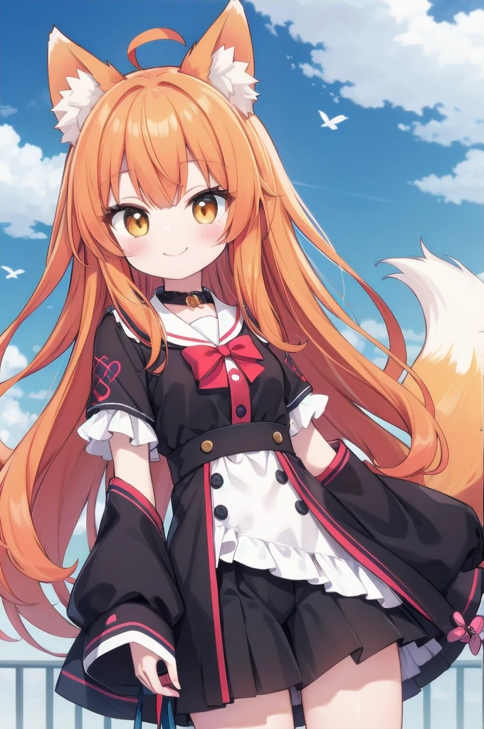 fox girl, cute , smile, outfit random, orange hair,