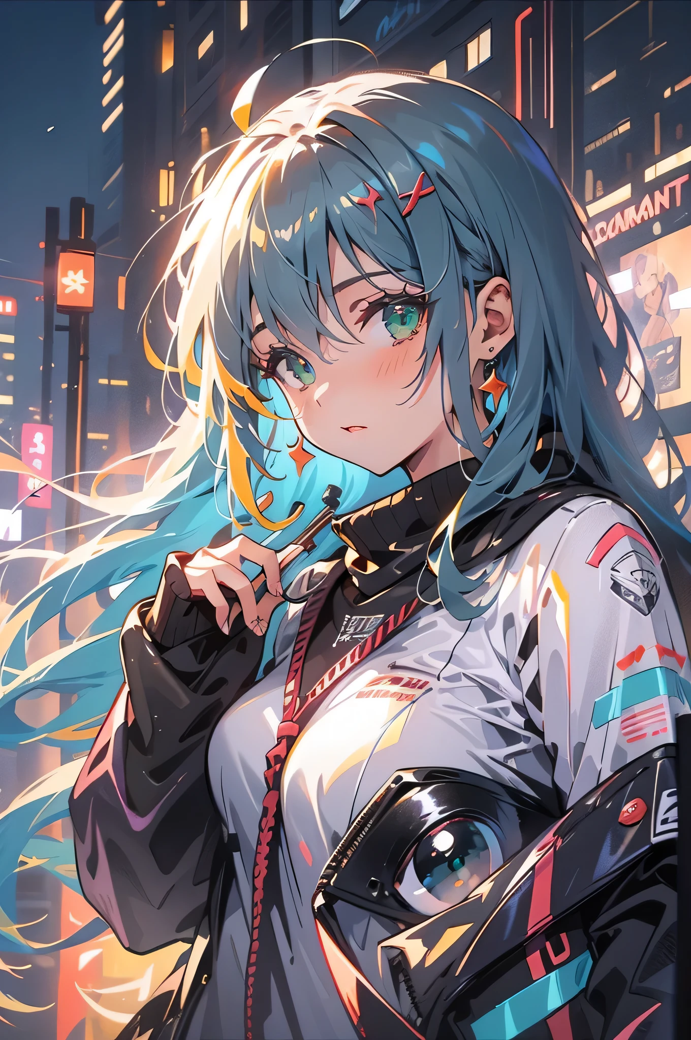 (masterpiece), (highest quality), Ultra-high resolution, Sharp focus, ((1 female, alone)), whole body, Lime green cyberpunk theme, Beautiful detailed hair, Chestnut Hair, long hair hangs down, Beautifully detailed face, ((Beautifully shaped eyes, Green Eyes)), Perfect feminine face, View your viewers, Feminine cyberpunk outfit, Neon lights in the city of bright colors, (At night:1.2)
