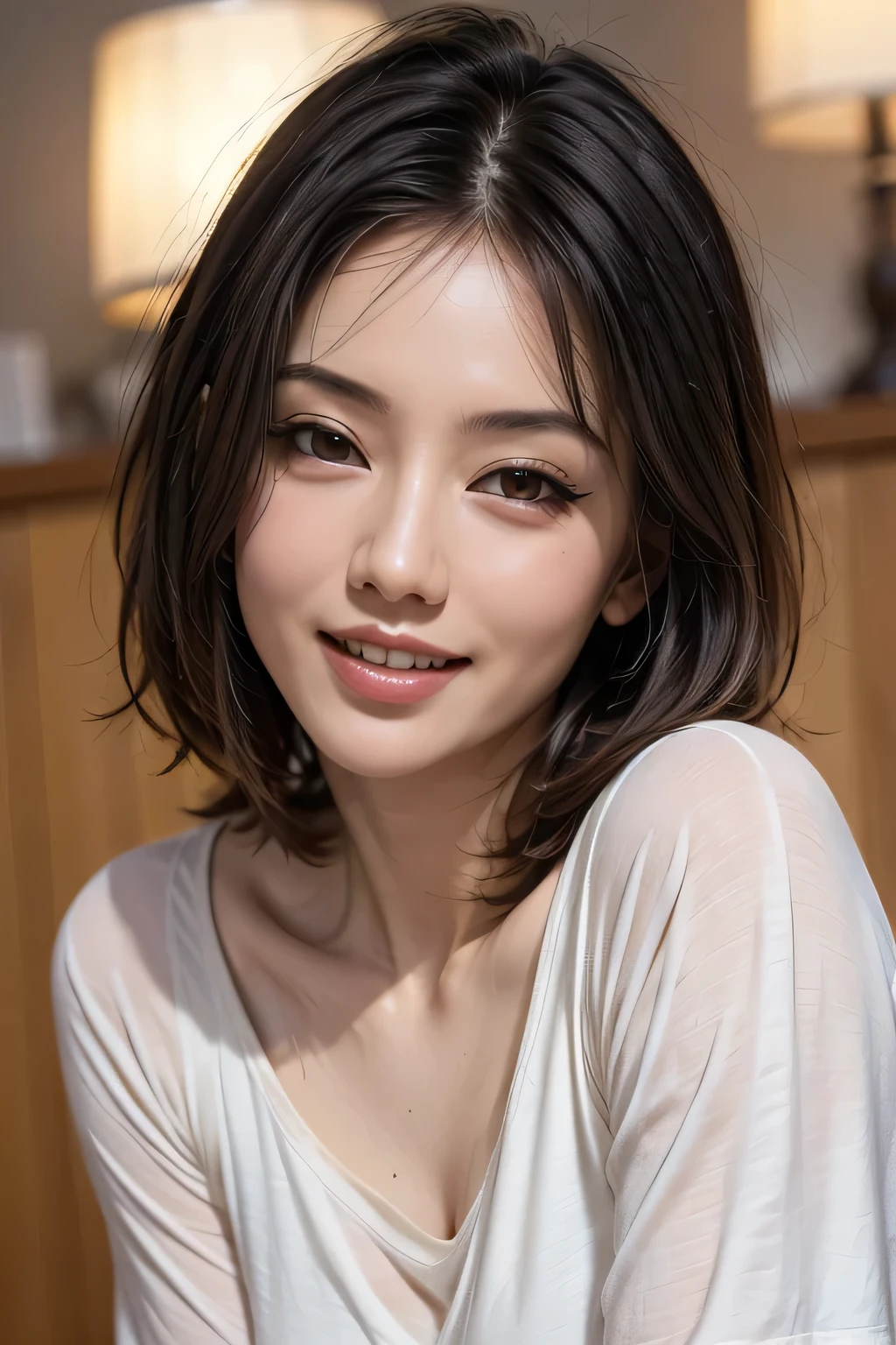 (8k, RAW Photos, highest quality, masterpiece, Realistic, Realistic), (1 female), (The ultimate beautiful Japanese mature), Highly detailed face, (Perfect Teeth), Beautiful Eyes, double eyelid, eyelash, ((smile)), Lip details, (Neat brunette bob), The light shines on your face, Big Breasts, ((T-Shirts)), (Upper Body), ((background: none))