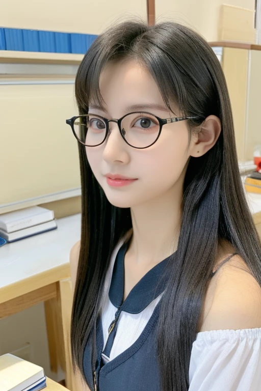 highest quality、masterpiece、High sensitivity、High resolution、 body shape、skinny、Glasses、teacher