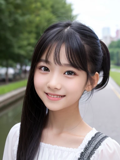 7-year-old elementary school student、、Small breasts、Black Hair、Iris、Straight Hair、ponytail、White dress、whole body、Are standing、Small face、Clean eyes、Small Mouth、evening、Riverbank、high resolution、4k、highest quality、超high resolution、Realistic、1 person、Young face、Flat chested、A big smile、
