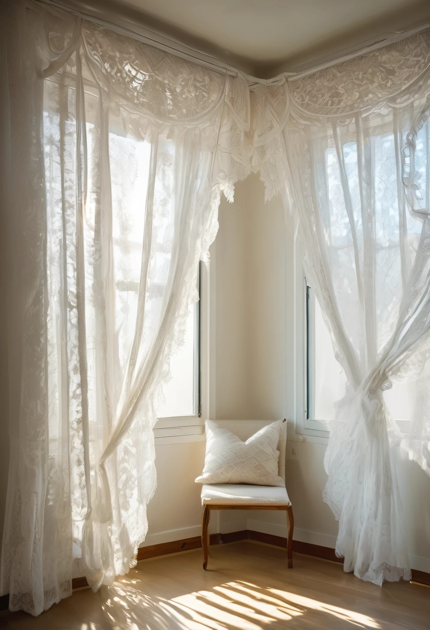 Beautiful white lace curtains, Fine white lace curtains, Window with white lace curtains, Sunlight shines through the white lace curtains, Peaceful indoor scene with a window and white lace curtains, Intricate white lace curtains blowing in the wind, A serene window with delicate white lace curtains, Cozy interior with window and soft white lace curtains, Fine white lace curtains frame the tranquil window view, Quiet room with a window, Focus on flowing white lace curtains, Delicate lace pattern, Competition of Light,