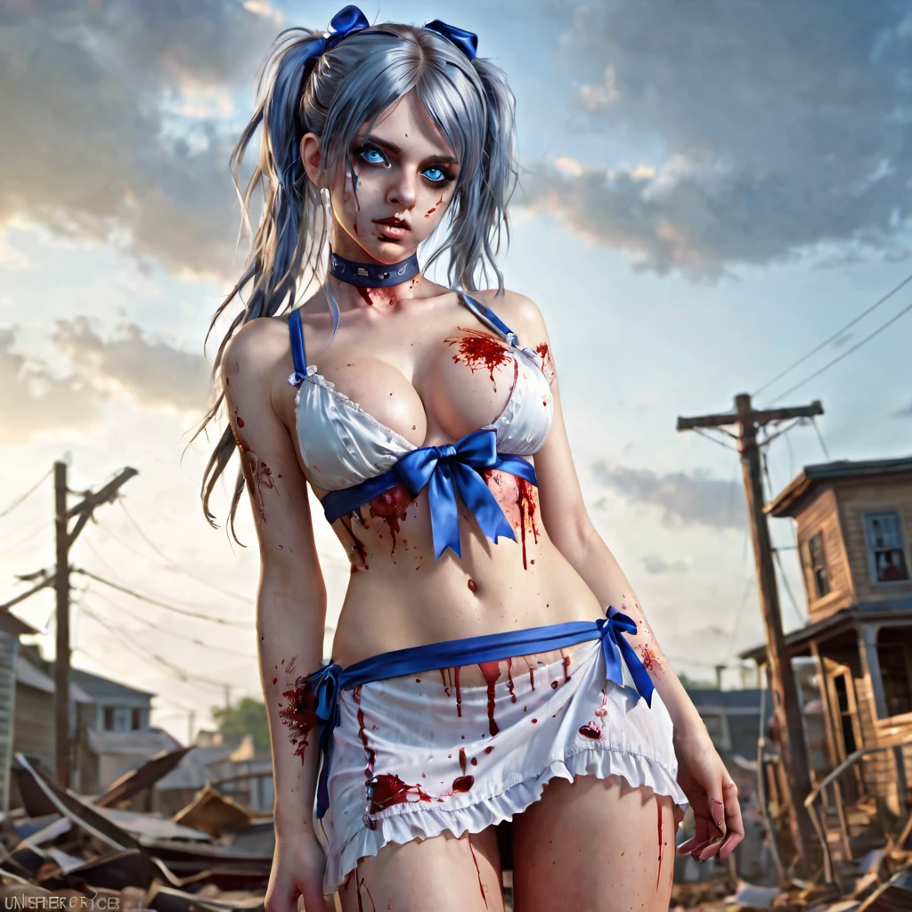(finely detailed beautiful eyes and detailed zombie face,masterpiece sidelighting,masterpiece,best quality,detailed,high resolution illustration),, (depraved topless zombie girl,whole body,sundress,lustrous skin,looking down,looking at viewer),, (blood hair,blue eyes,ribbon, sheer clothes), (clothed_underbust:1.2),underboob