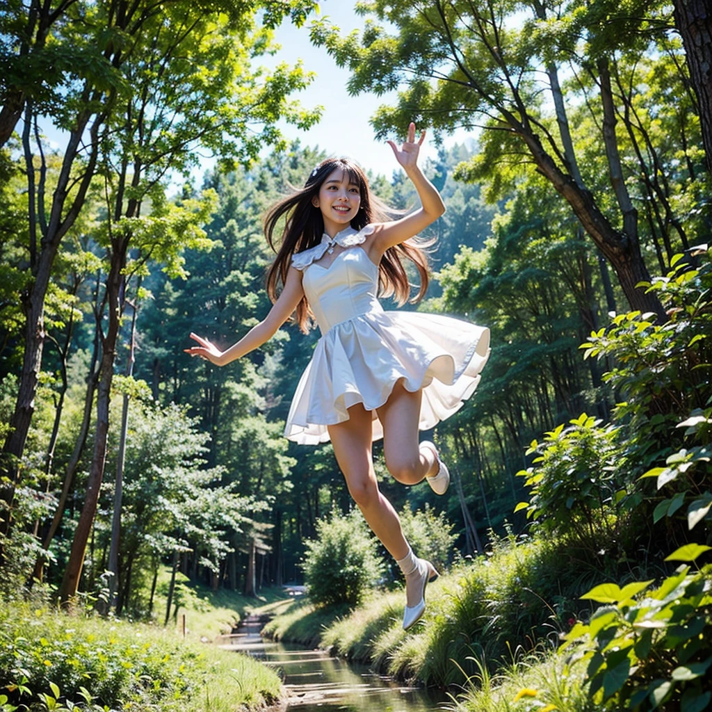 floating 10 meters, floating in the air, forest, smile politely, revealing dress, magical girl