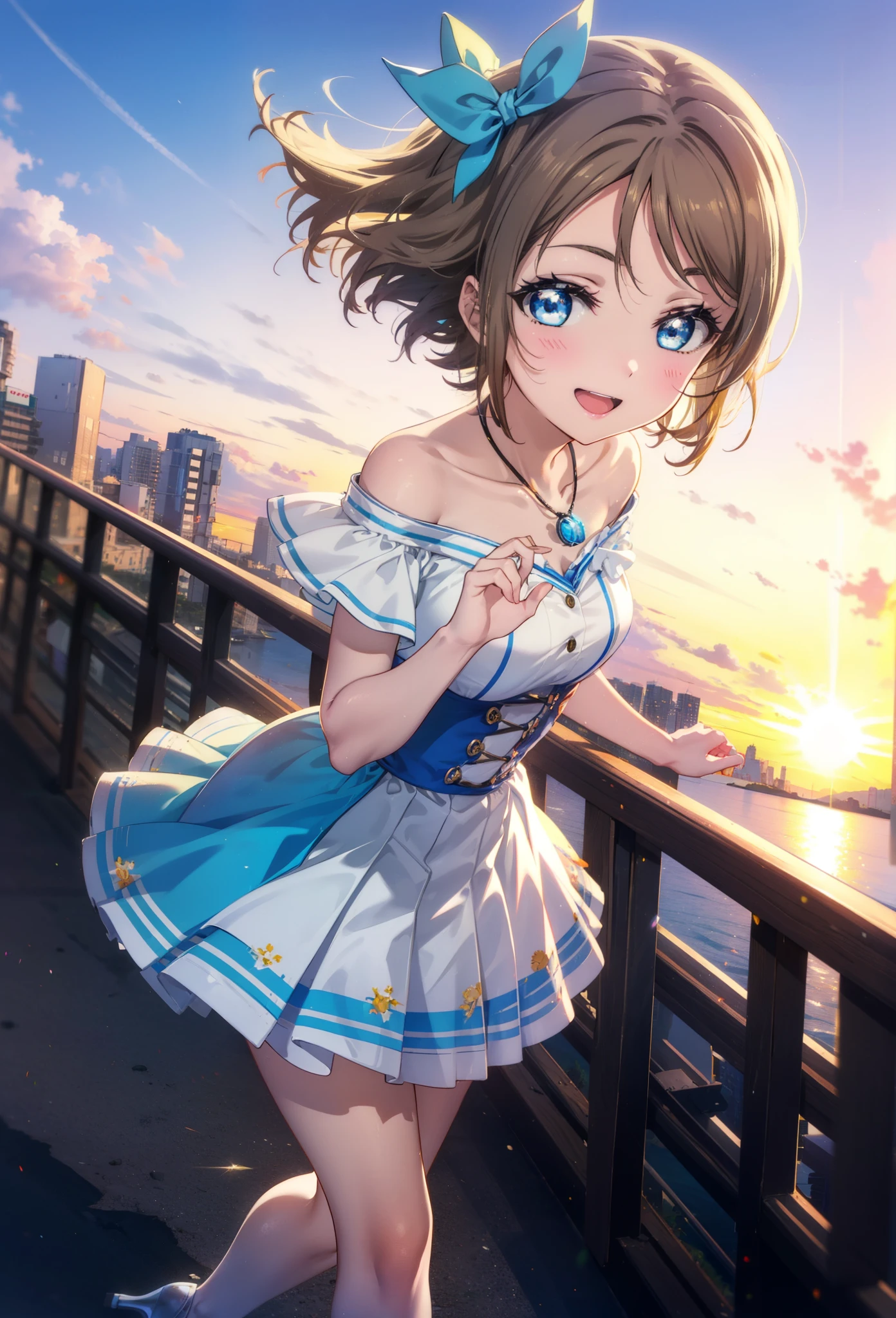 Yo Watanabe, Yu Watanabe, short hair, blue eyes, Brown Hair, smile, happy smile, smile, Open your mouth,Orange hair band,Rocket Pendant,Off-the-shoulder blue dress,Bare neck,Bare shoulders,bare clavicle,Blue long skirt,Cute stiletto heels,evening,Sunset,walking,The sun is setting,whole bodyがイラストに入るように,Looking down from above,
break outdoors, Coastal Road,Building district,
break looking at viewer, whole body,
break (masterpiece:1.2), highest quality, High resolution, unity 8k wallpaper, (figure:0.8), (Beautiful fine details:1.6), Highly detailed face, Perfect lighting, Highly detailed CG, (Perfect hands, Perfect Anatomy),
