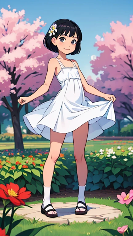 best quality,masterpiece,1girl,solo,(((9years old))),japanese girl,an extremely cute and beautiful girl,highly detailed beautiful face and eyes,petit,cute face,lovely face,baby face,shy smile,show teeth,black hair,medium short hair,flat chest,Hairless vagina,nipples sticking out on clothes,no bra,no panties,skinny,slender,(((wearing a very short white baby-doll dress))),(((standing in a flower garden))),she is looking at the viewer,legs spreading wide open