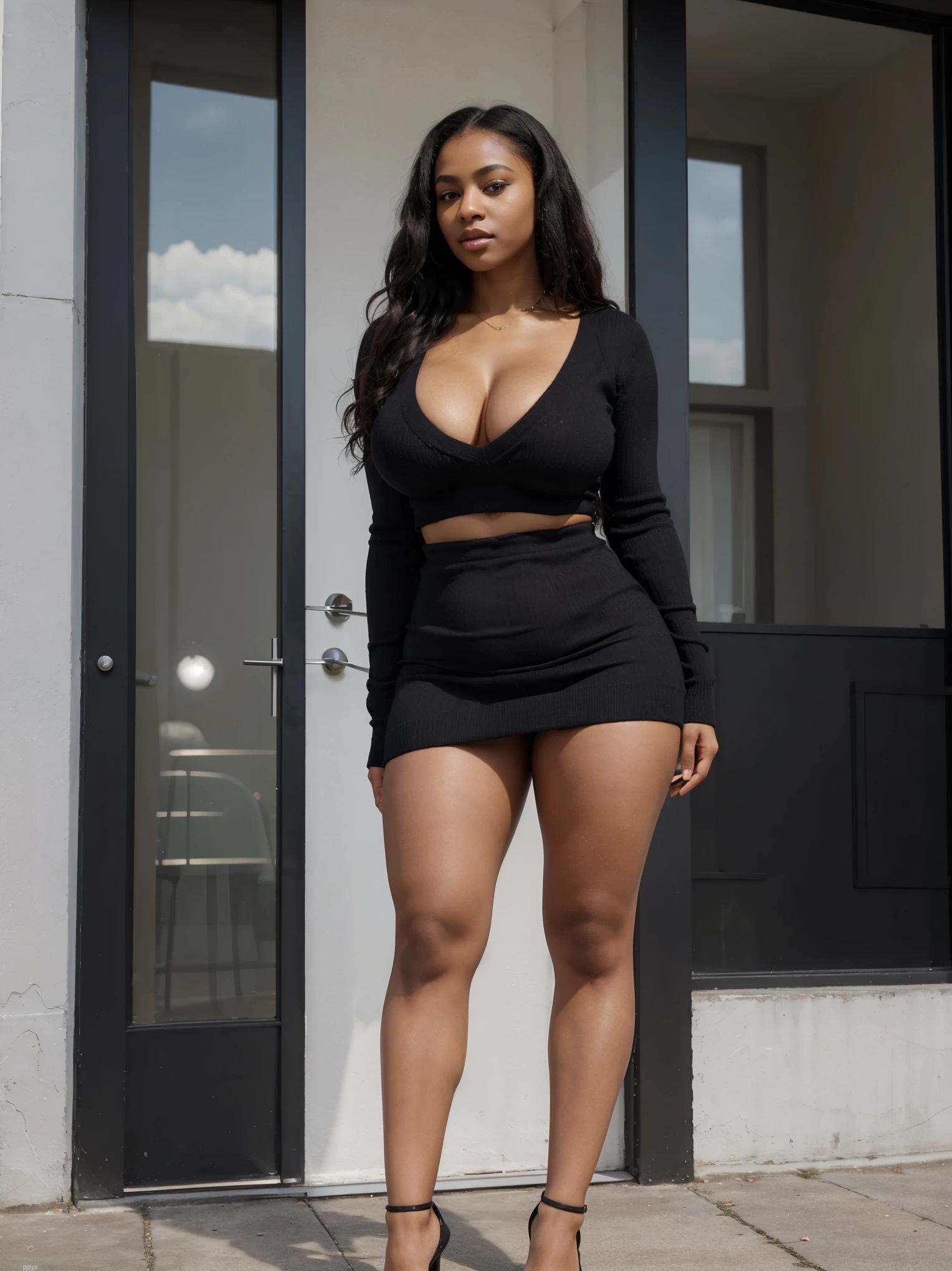 full body, black skirt, sweater black, alone, black woman, curly hair, young goddess, gorgeous black lady, gorgeous black woman, gorgeous female, light skin, beautiful goddess, 24 years old, beautiful eyebrows, brown eyes, very beautiful, fitness body, very attractive, dear, very sweet, beautiful, beautiful model posing, long hair, hourglass waist, wide legs, medium breasts, big buttocks, alone, curvy figure, beautiful thick, thick body, wide hips, thicc, curvy model, curvy accentuated booty, curvy body, skinny waist and thick hips, full body, black skirt, sweater black, alone