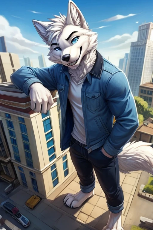 Birds-eye view,
giant furry,anthro,
giant male arctic wolf, giant fluffy wolf ears, fluffy wolf tail, snow white fur, light blue eyes, sharp teeth, short messy and spikey white hair, pawpads, black pawpads,
handsome, slim, well-built,
wearing a blue denim jacket, white shirt and black jeans,
looking forwards,looking at viewer, happily smiling,
leaning against a tiny building in a tiny city, sunny day, tiny landscape in background,
(giant character) (macro furry) (macrophilia)