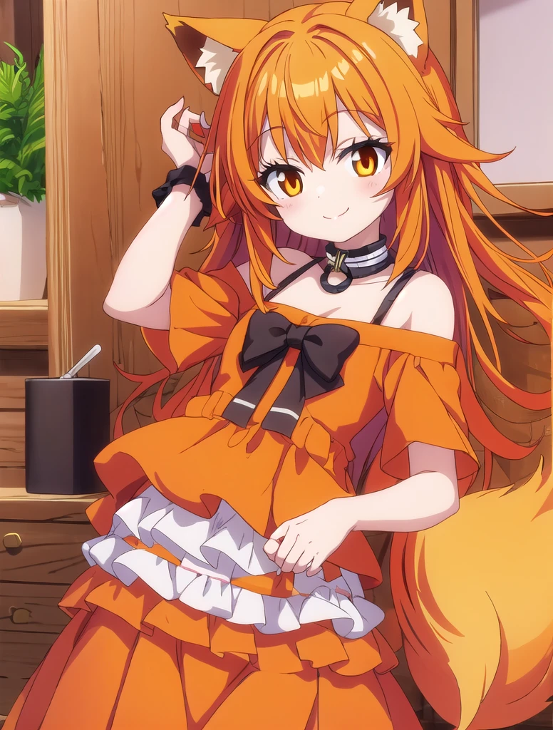 fox girl, cute , smile, outfit random, orange hair,