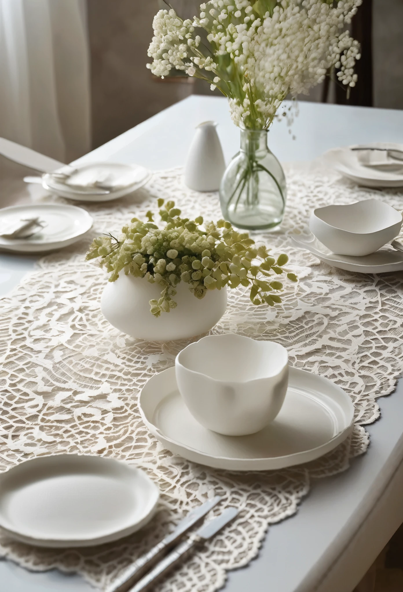 The white lace mat that is always on the dining table, The atmosphere becomes brighter, Lace mat under the plate, A cool impression created by combining natural items such as vases, Stylish interior, Quiet room, Flowing white lace, Delicate lace pattern, Competition of Light,